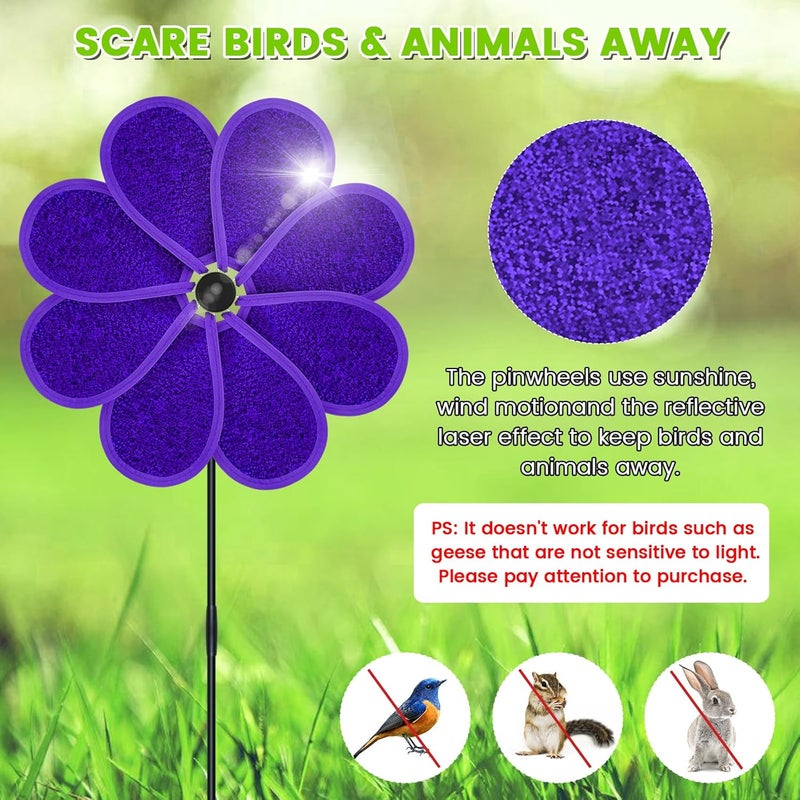 DECEED 4PCS 11.4" W x 28" H Reflective Pinwheels Sparkly Lawn Wind Spinners Colorful Rainbow Windmill for Garden Decoration Bird Devices Deterrent to Scare Birds Away（Purple） - Image 5